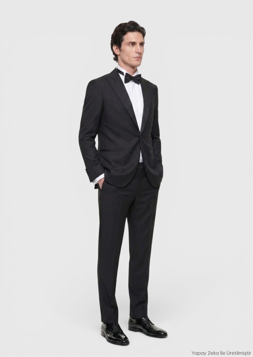 Black Plain Modern Fit Double Breasted Collar Weaving Tuxedo - RAMSEY