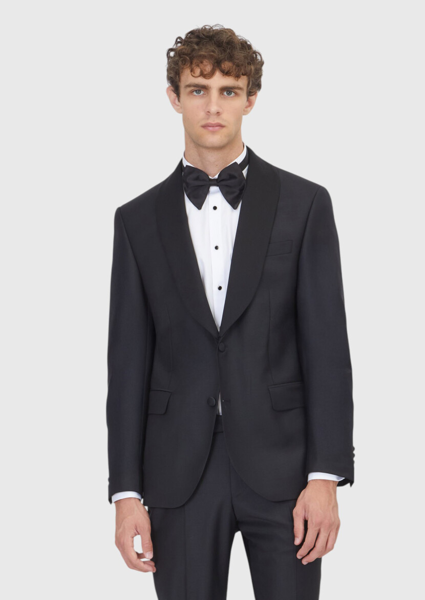 Black Plain Modern Fit Shawl Collar Weaving Tuxedo - RAMSEY