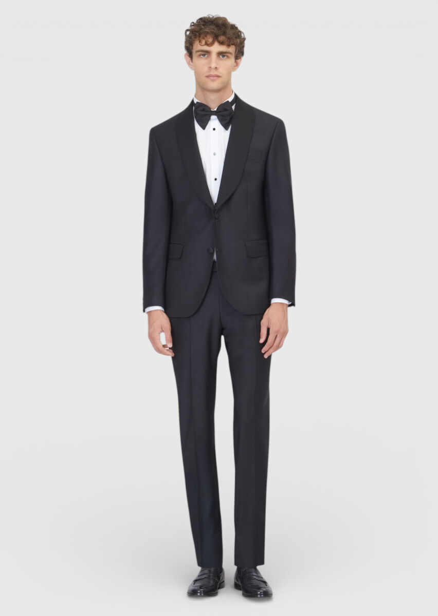Black Plain Modern Fit Shawl Collar Weaving Tuxedo - 2
