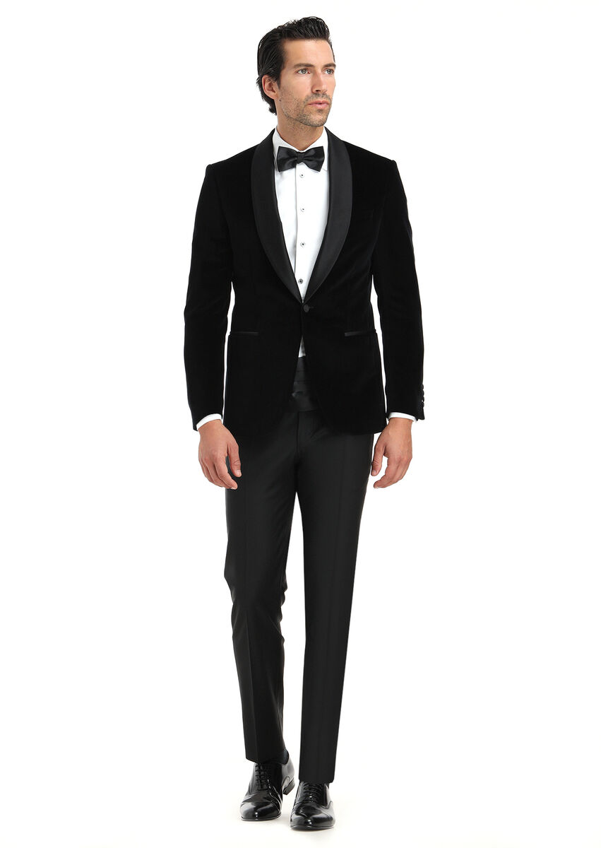 Black Plain Modern Fit Shawl Collar Weaving Tuxedo - 1