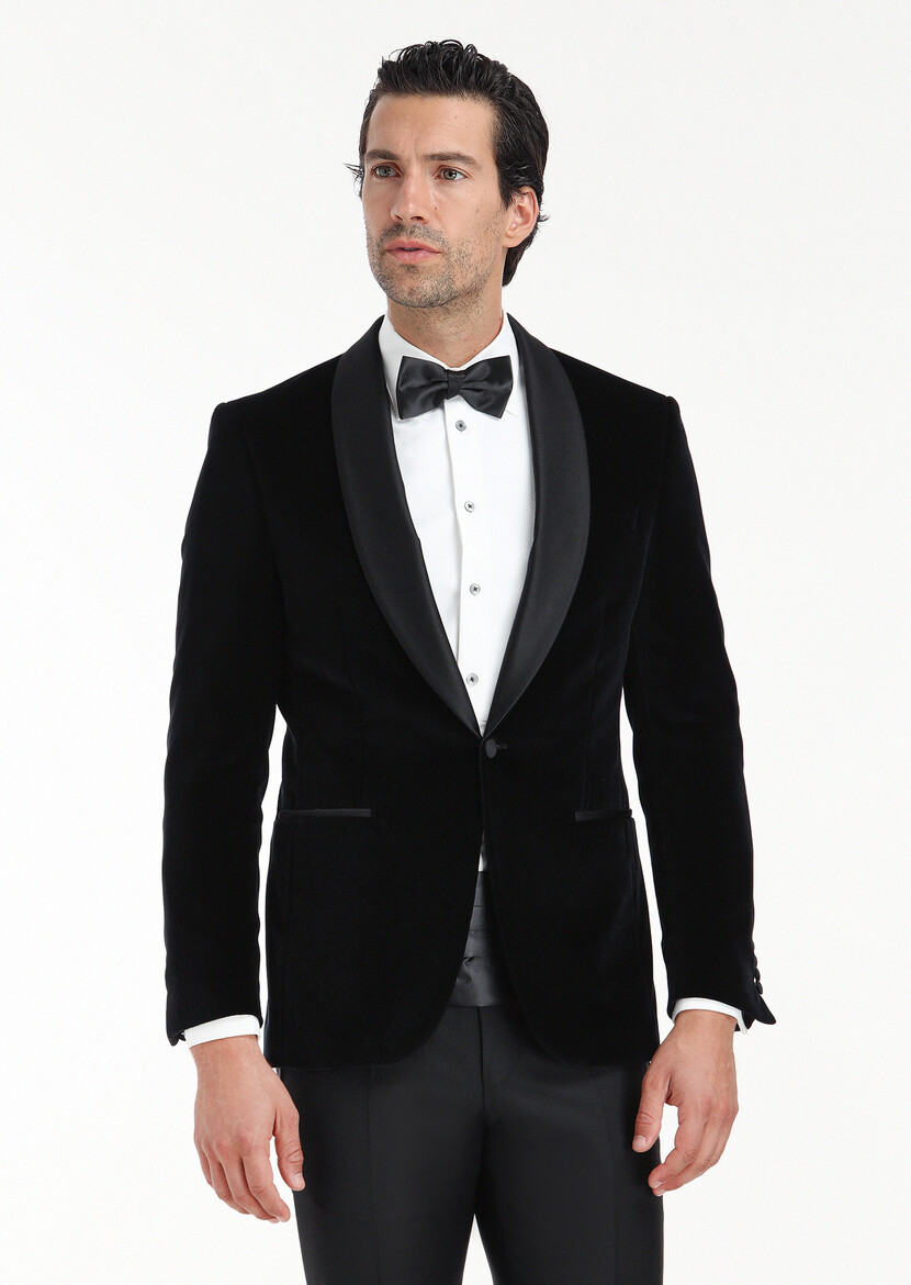 Black Plain Modern Fit Shawl Collar Weaving Tuxedo - 2