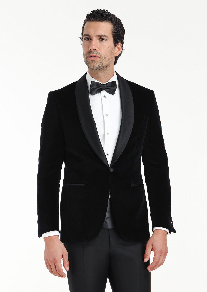 Black Plain Modern Fit Shawl Collar Weaving Tuxedo - 2