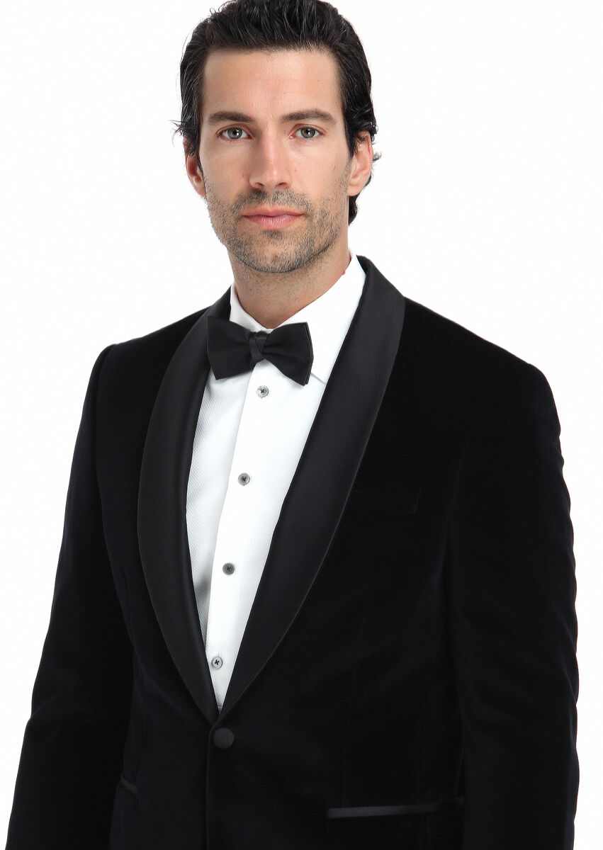 Black Plain Modern Fit Shawl Collar Weaving Tuxedo - 3