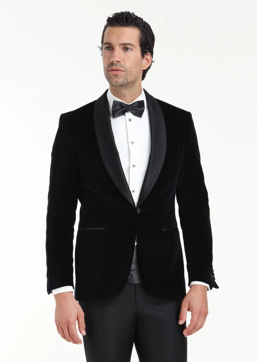 Black Plain Modern Fit Shawl Collar Weaving Tuxedo - 2