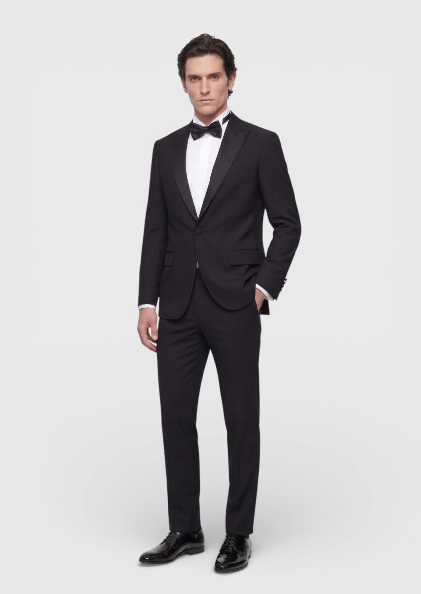 Black Plain Modern Fit Shawl Collar Weaving Tuxedo - 1