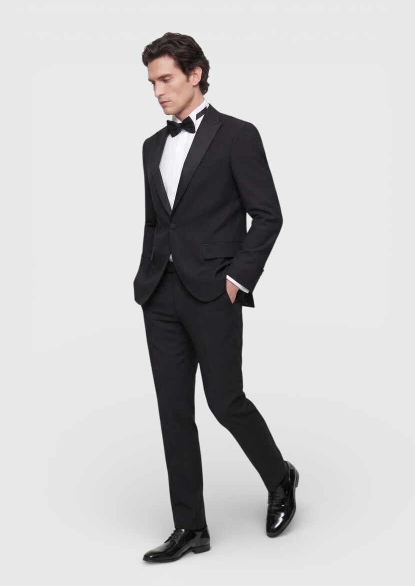 Black Plain Modern Fit Shawl Collar Weaving Tuxedo - 3