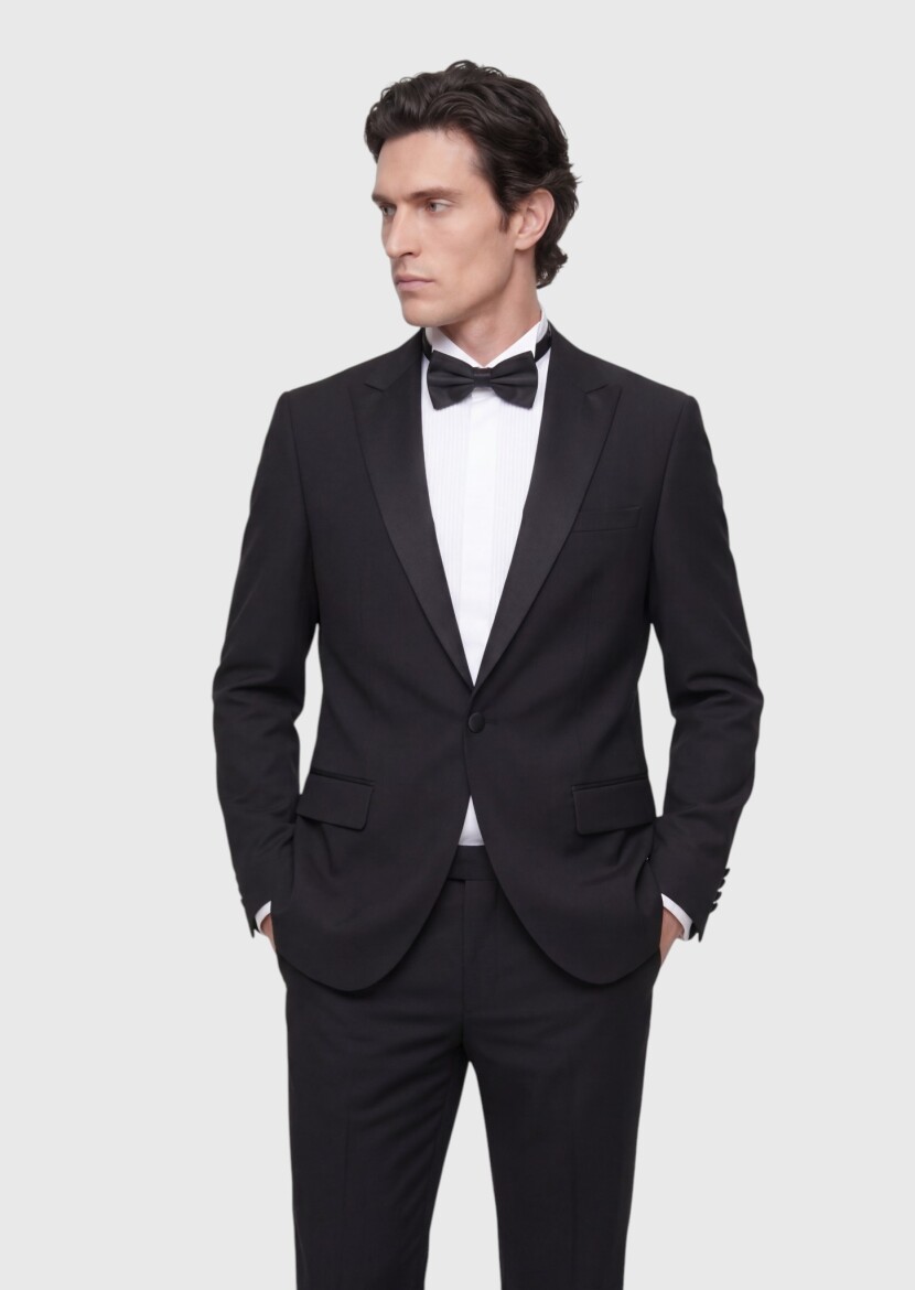 Black Plain Modern Fit Shawl Collar Weaving Tuxedo - RAMSEY