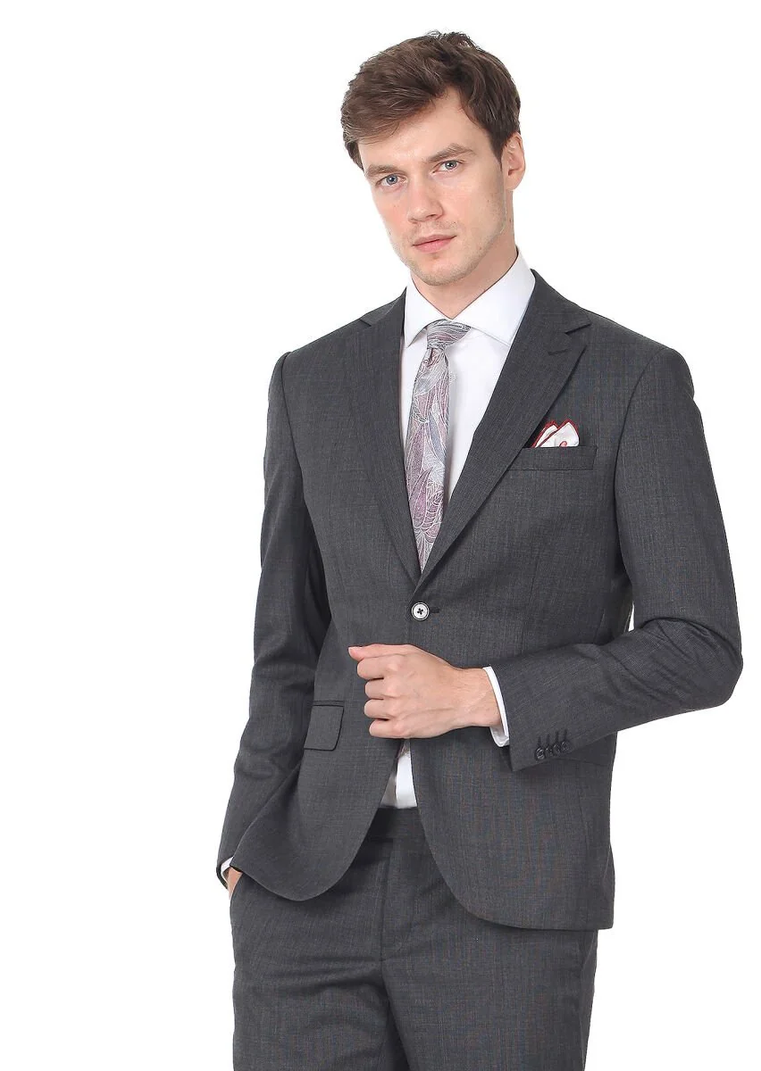 Black Plain Modern Fit Wool Blended Suit - 1