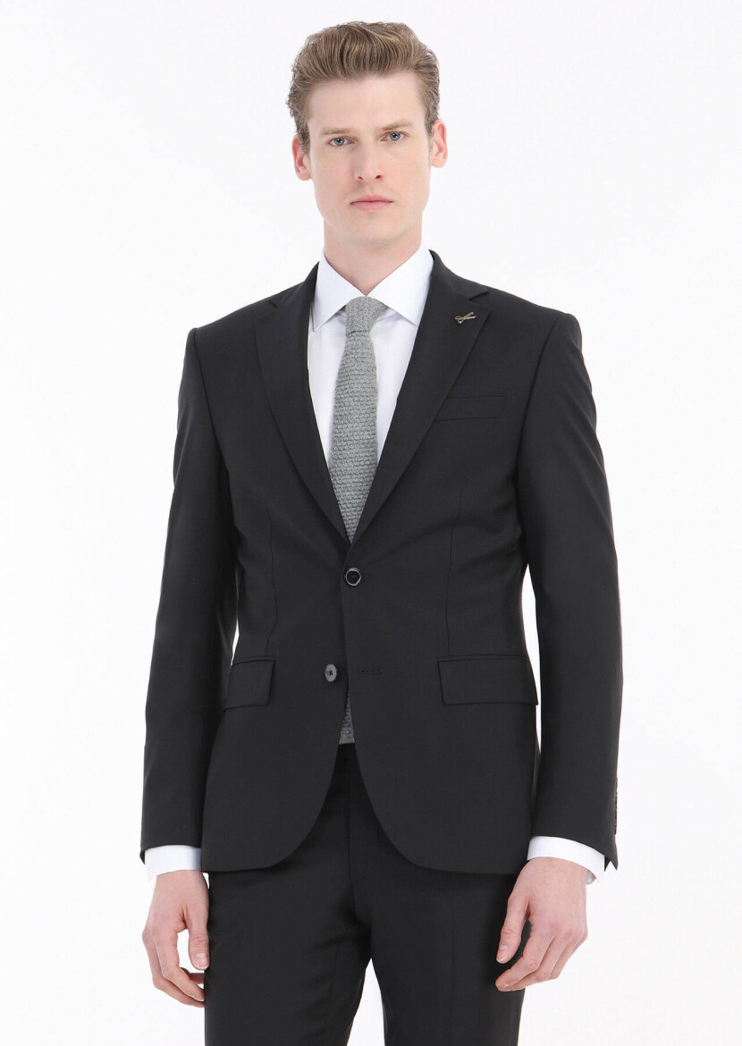 Black Plain Modern Fit Wool Blended Suit - 1