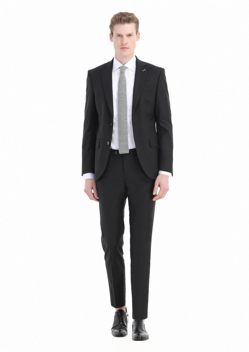 Black Plain Modern Fit Wool Blended Suit - 2