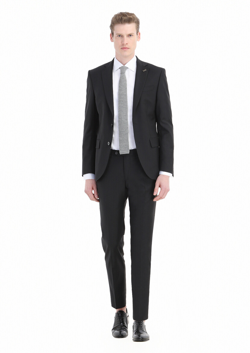 Black Plain Modern Fit Wool Blended Suit - 1