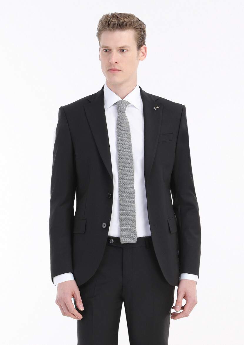 Black Plain Modern Fit Wool Blended Suit - 4