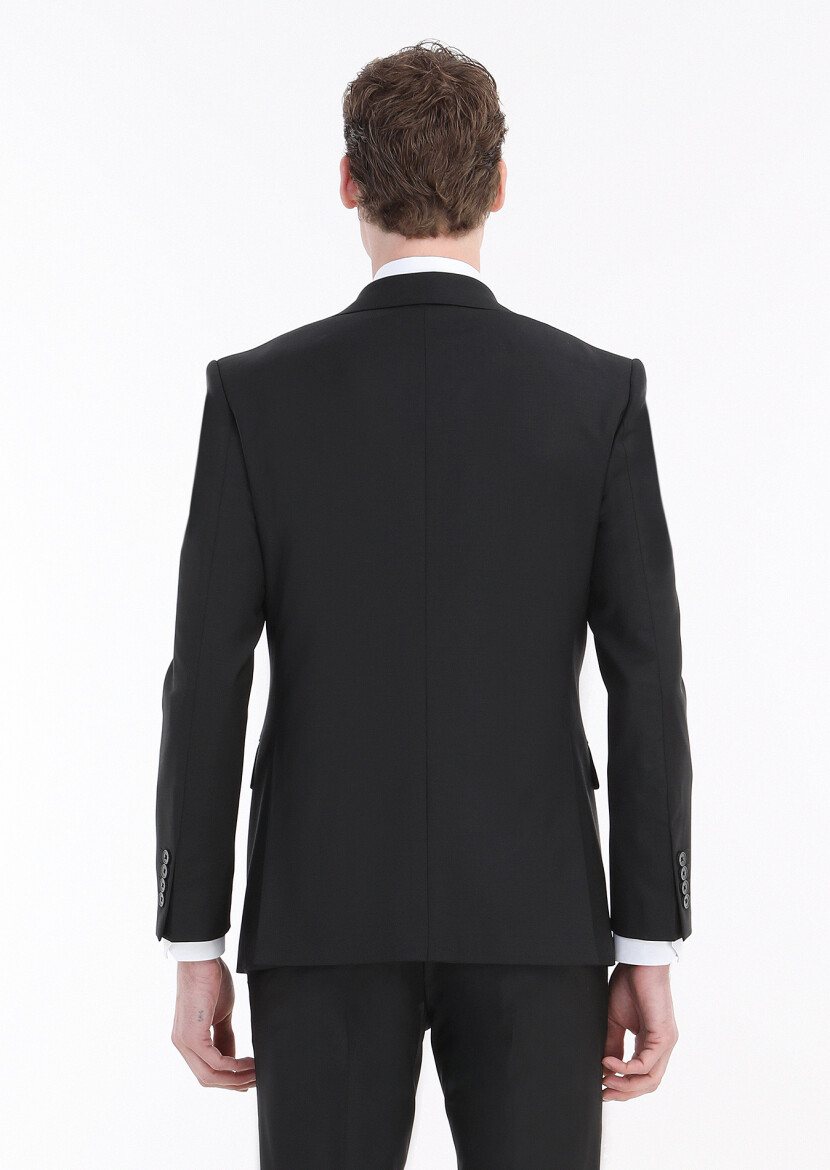 Black Plain Modern Fit Wool Blended Suit - 6