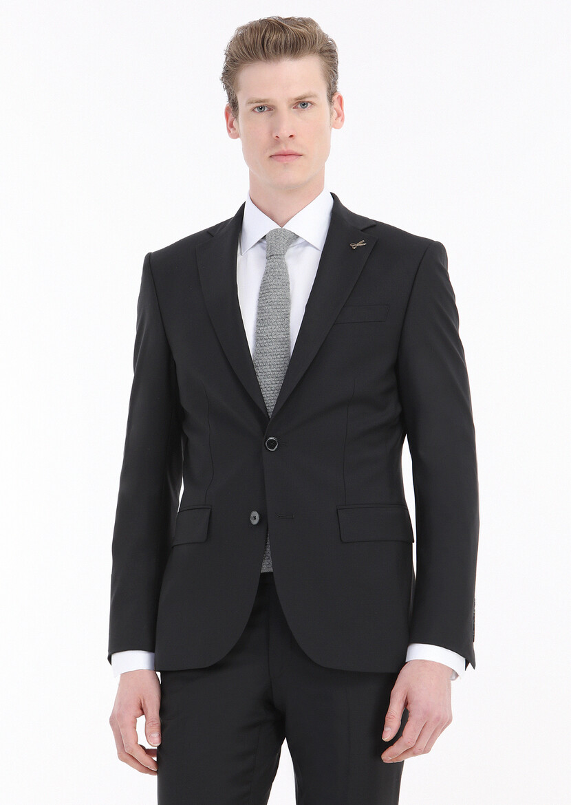 Black Plain Modern Fit Wool Blended Suit - 2