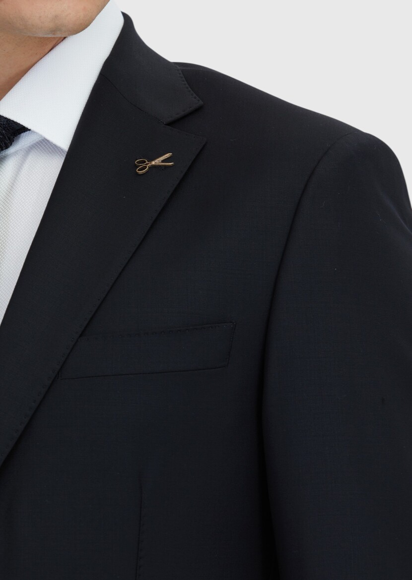 Black Plain Modern Fit Wool Blended Suit - 4