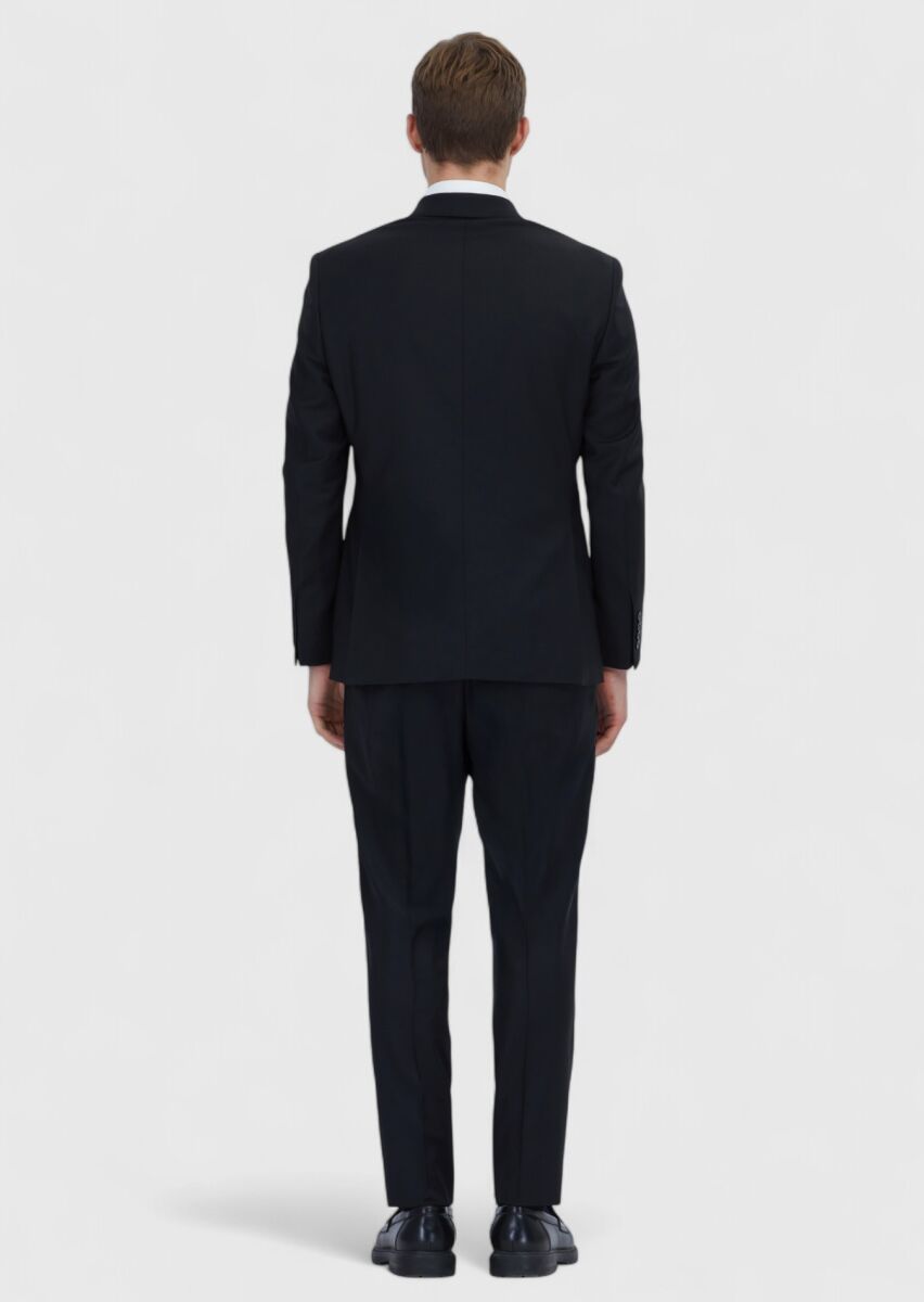 Black Plain Modern Fit Wool Blended Suit - 5