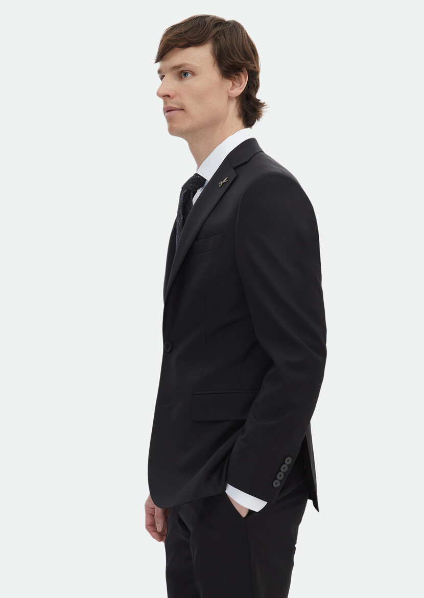 Black Plain Modern Fit Wool Blended Suit - 3