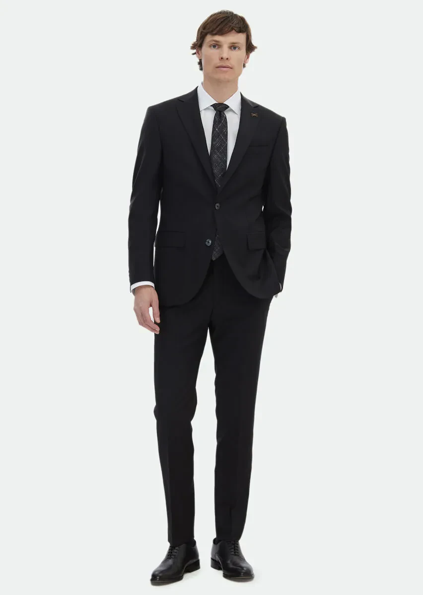 Black Plain Modern Fit Wool Blended Suit - 2