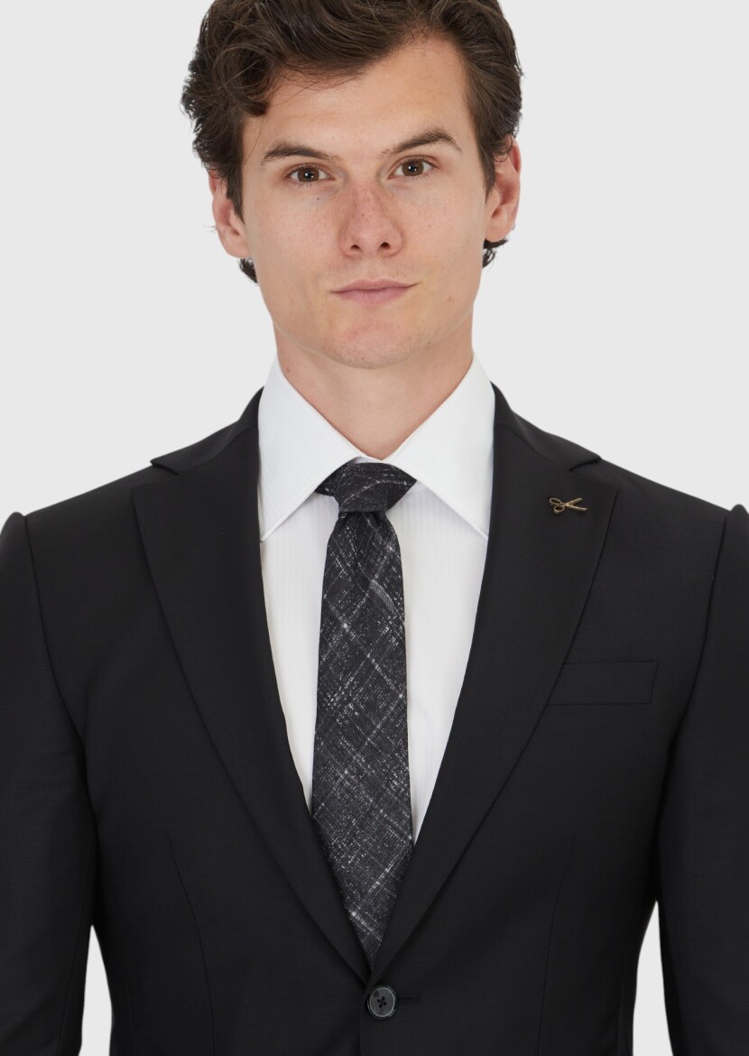 Black Plain Modern Fit Wool Blended Suit - 3