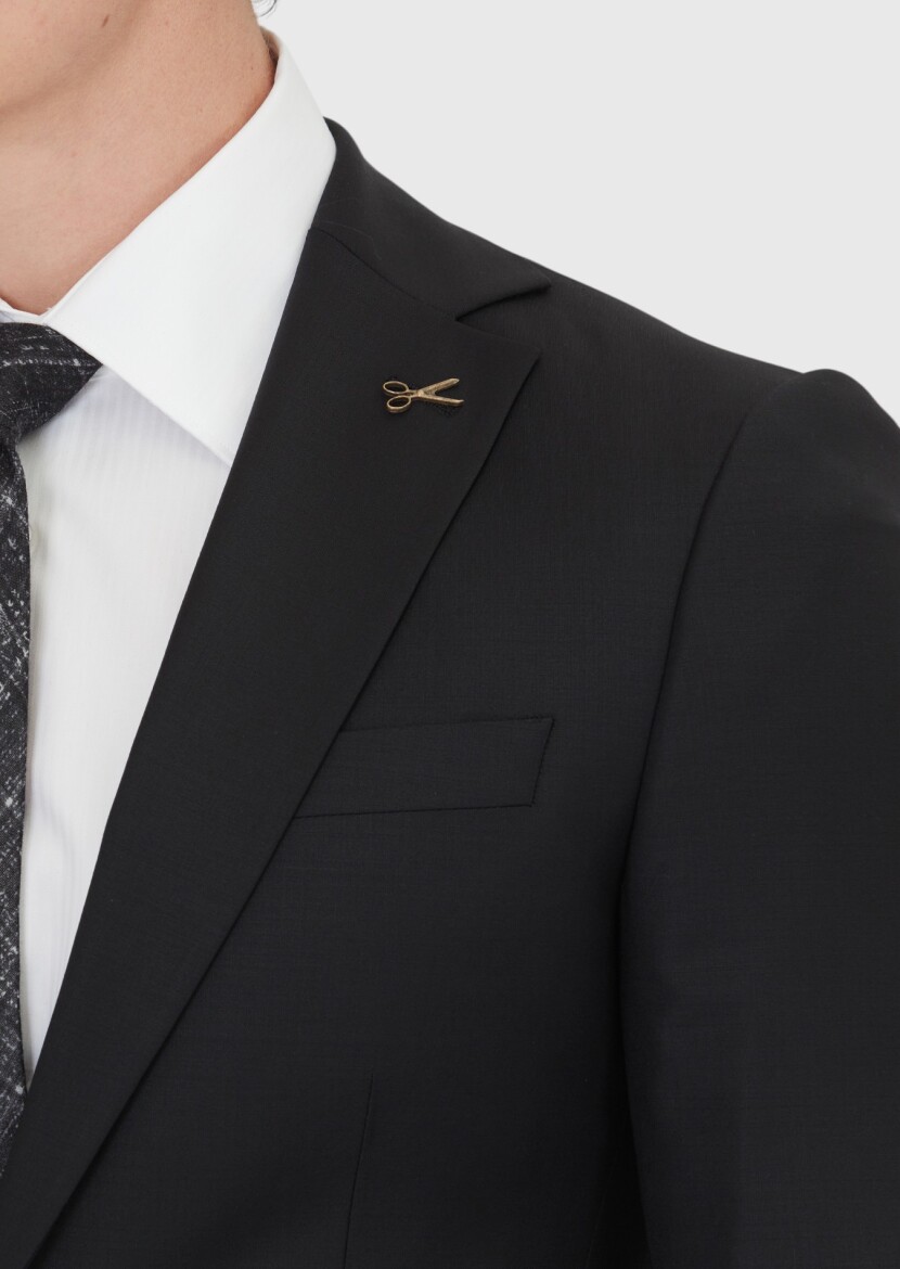 Black Plain Modern Fit Wool Blended Suit - 4