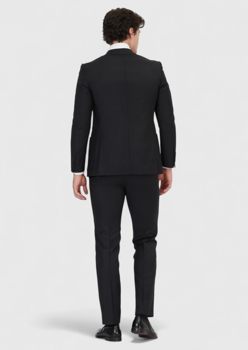 Black Plain Modern Fit Wool Blended Suit - 5