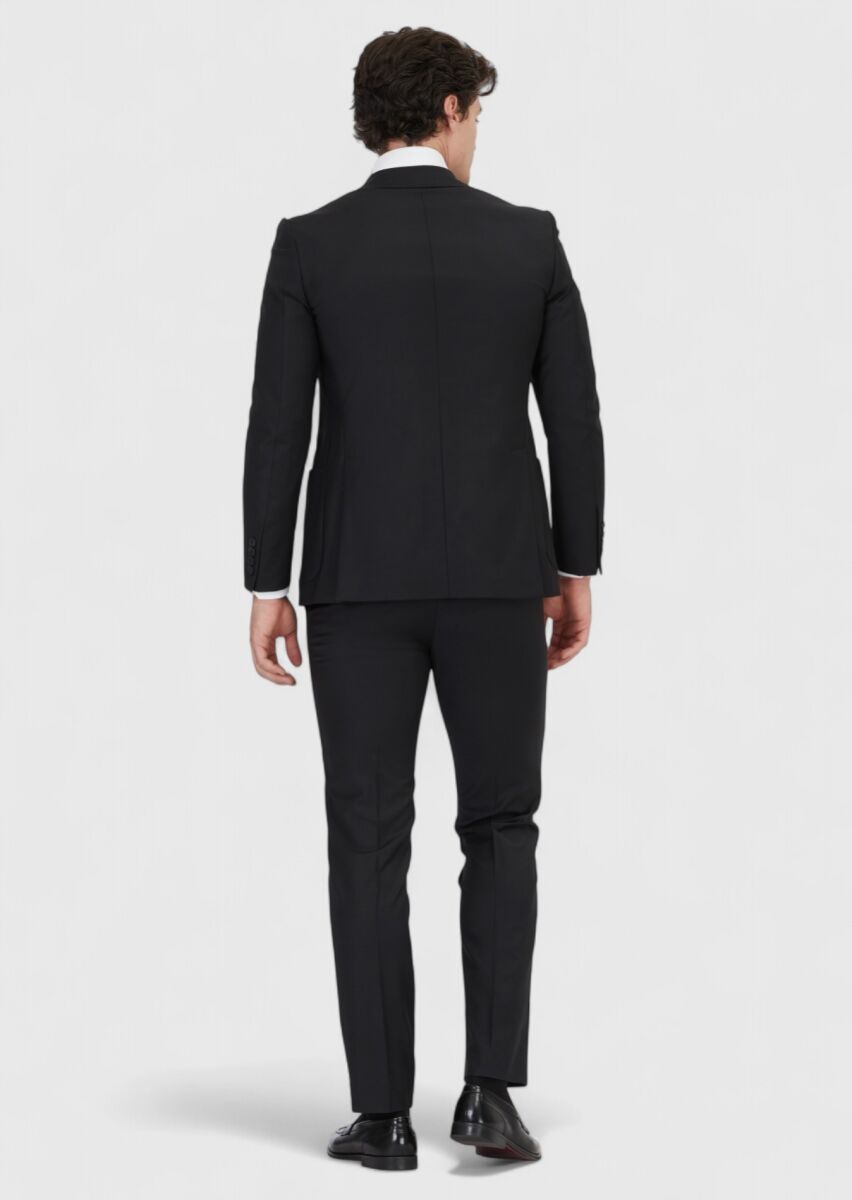 Black Plain Modern Fit Wool Blended Suit - 5