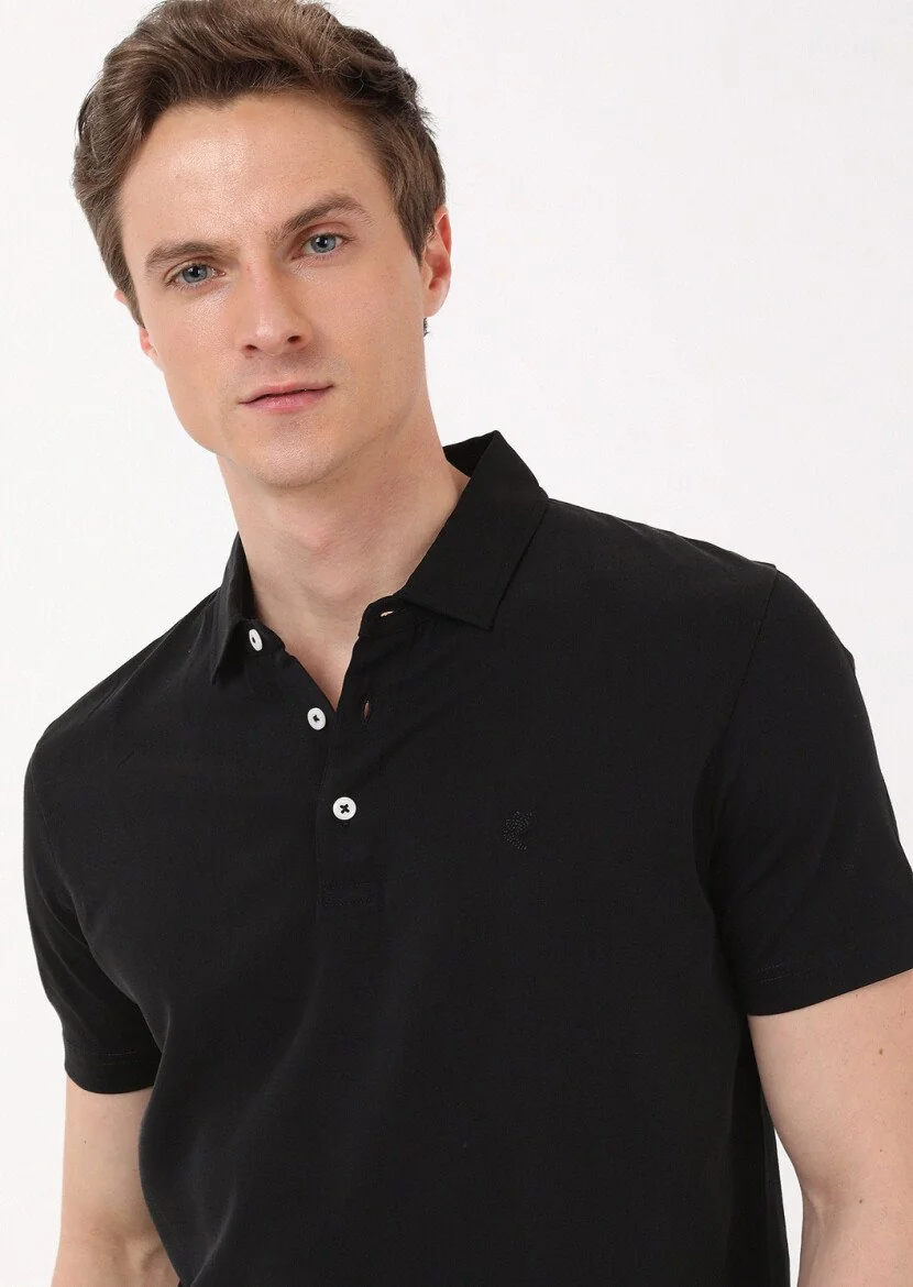 Black Plain Polo Neck 100% Cotton T-Shirt - 2