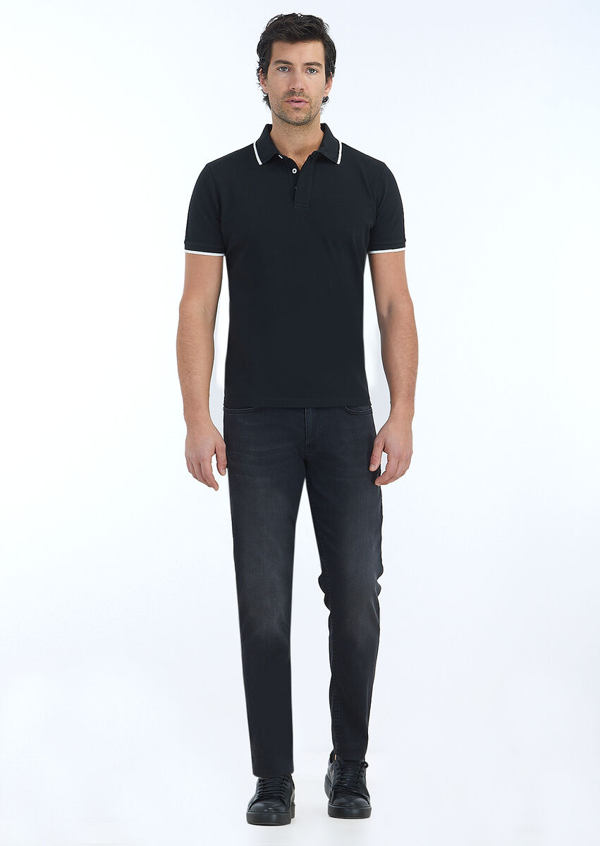 Black Plain Polo Neck 100% Cotton T-Shirt - 1