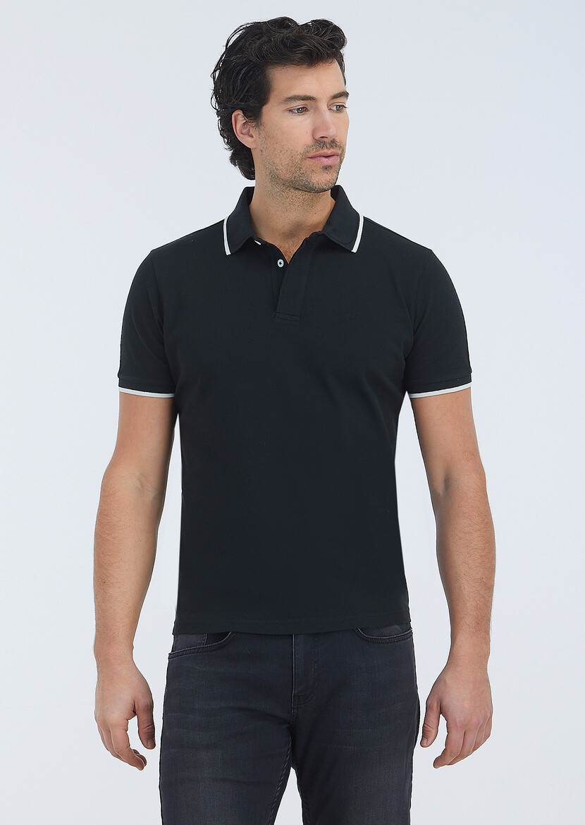 Black Plain Polo Neck 100% Cotton T-Shirt - 2