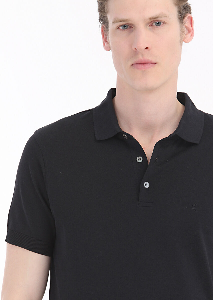 Black Plain Polo Neck 100% Cotton T-Shirt - 4