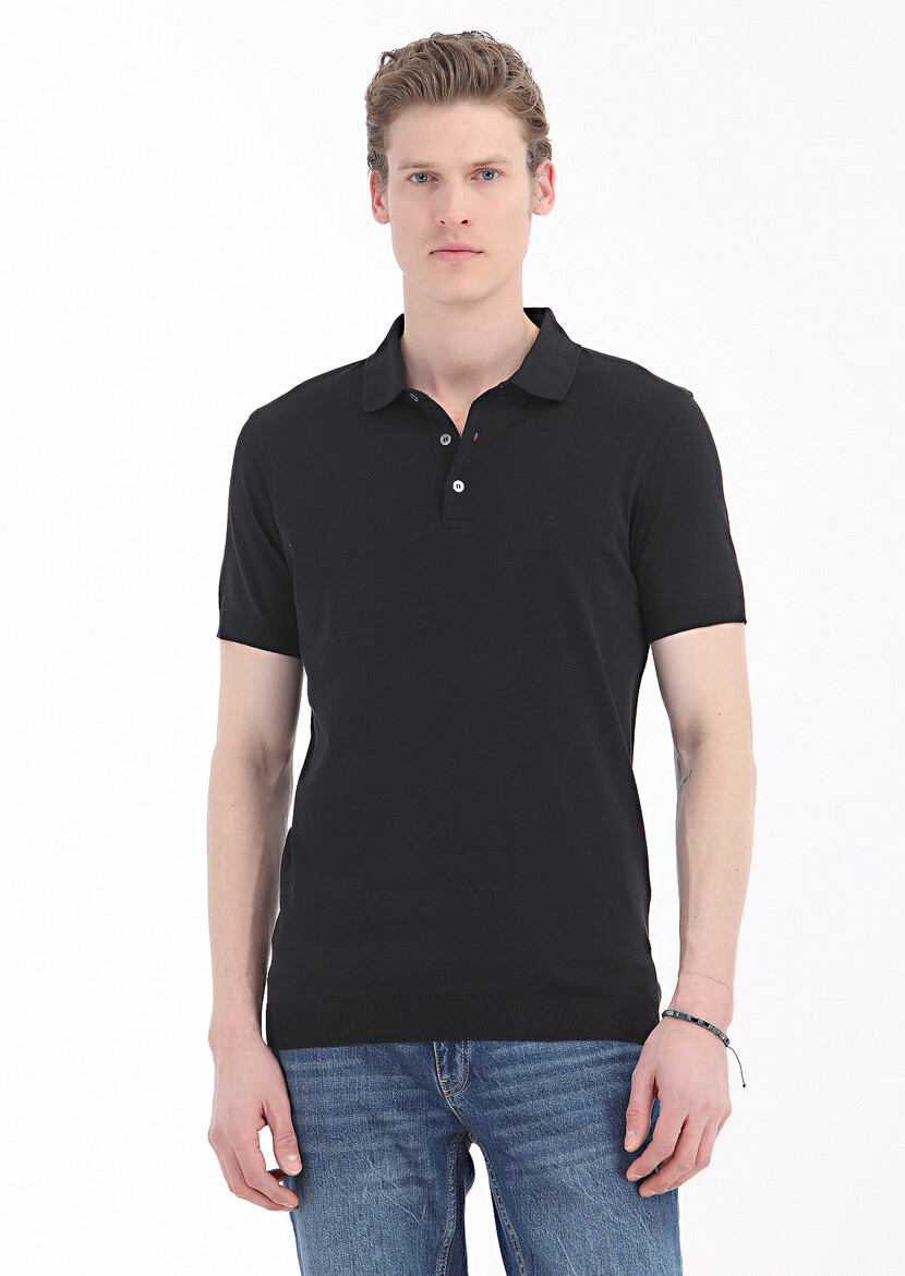 Black Plain Polo Neck 100% Cotton T-Shirt - 2