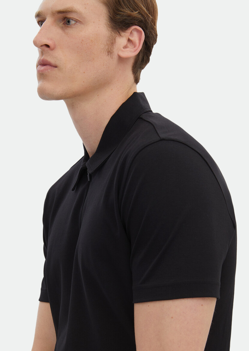 Black Plain Polo Neck 100% Cotton T-Shirt - 4