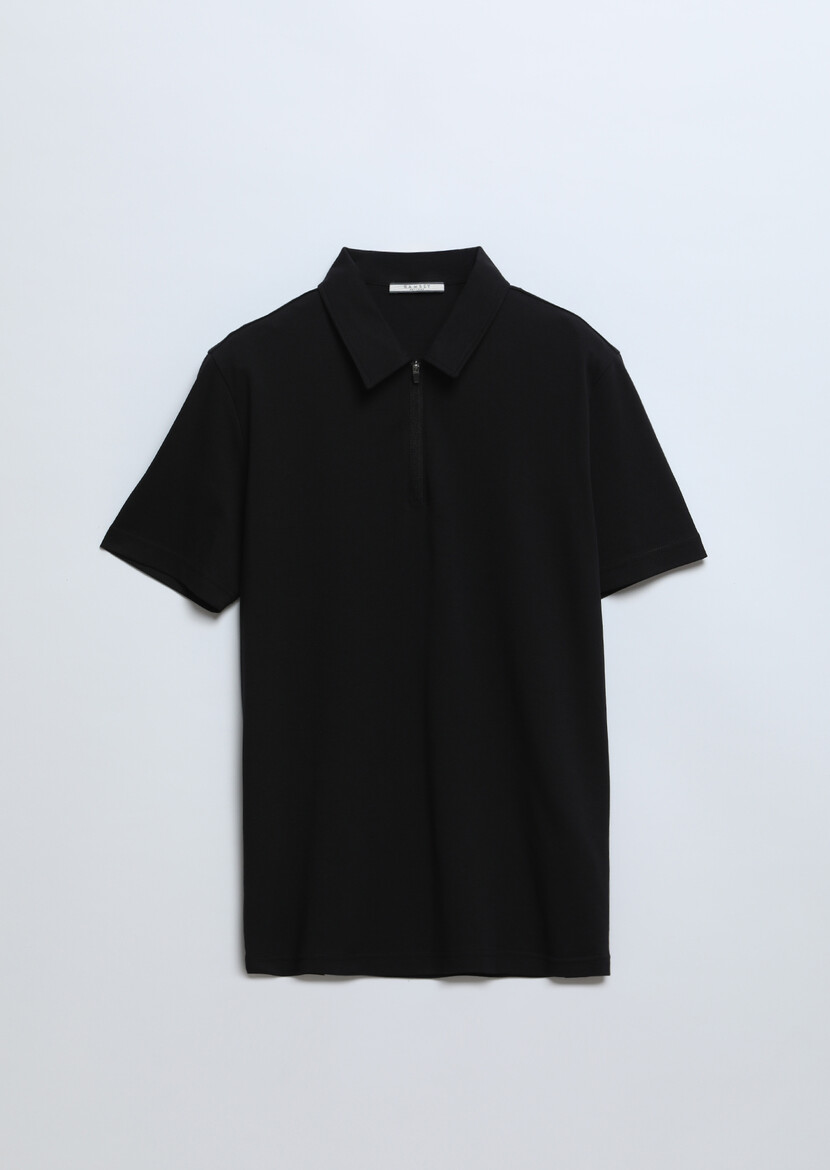 Black Plain Polo Neck 100% Cotton T-Shirt - 7