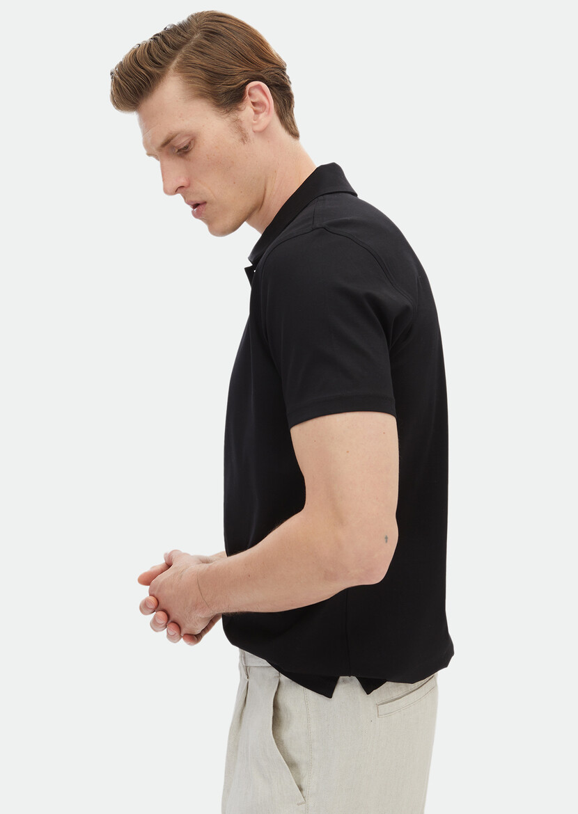 Black Plain Polo Neck 100% Cotton T-Shirt - 4