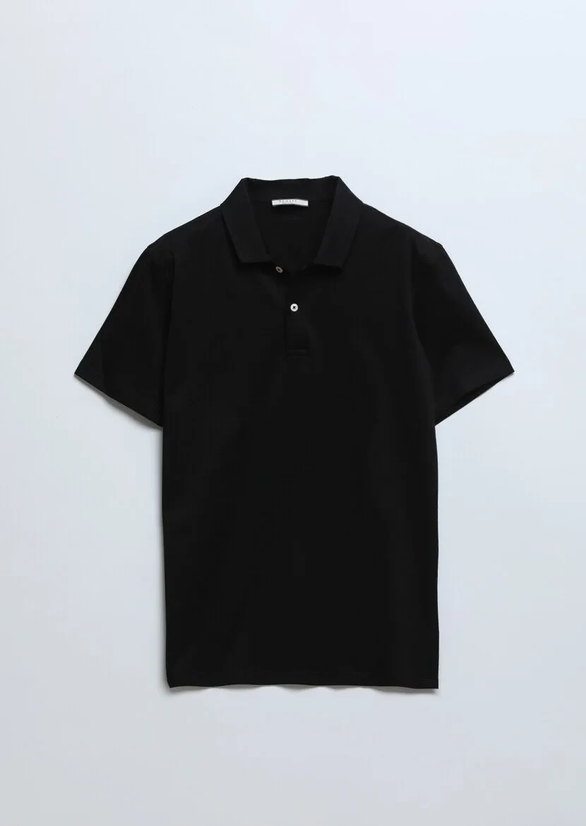 Black Plain Polo Neck 100% Cotton T-Shirt - 7