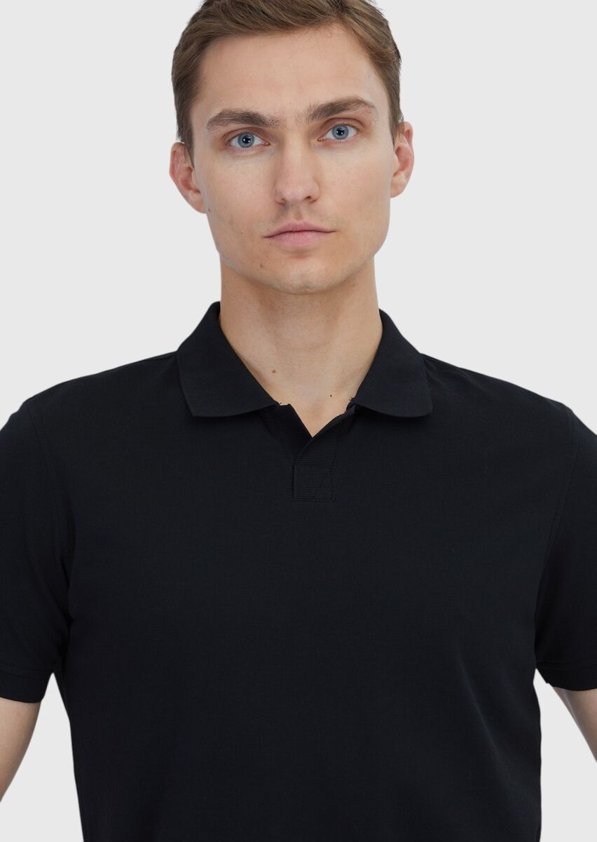 Black Plain Polo Neck 100% Cotton T-Shirt - 3