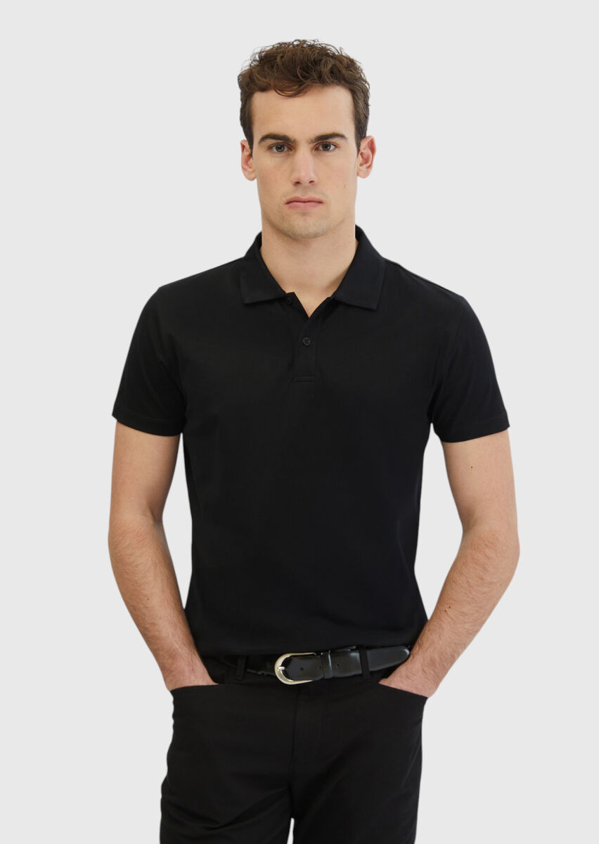 Black Plain Polo Neck 100% Cotton T-Shirt - 1