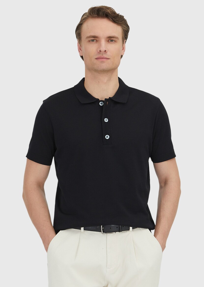 Black Plain Polo Neck 100% Cotton T-Shirt - RAMSEY