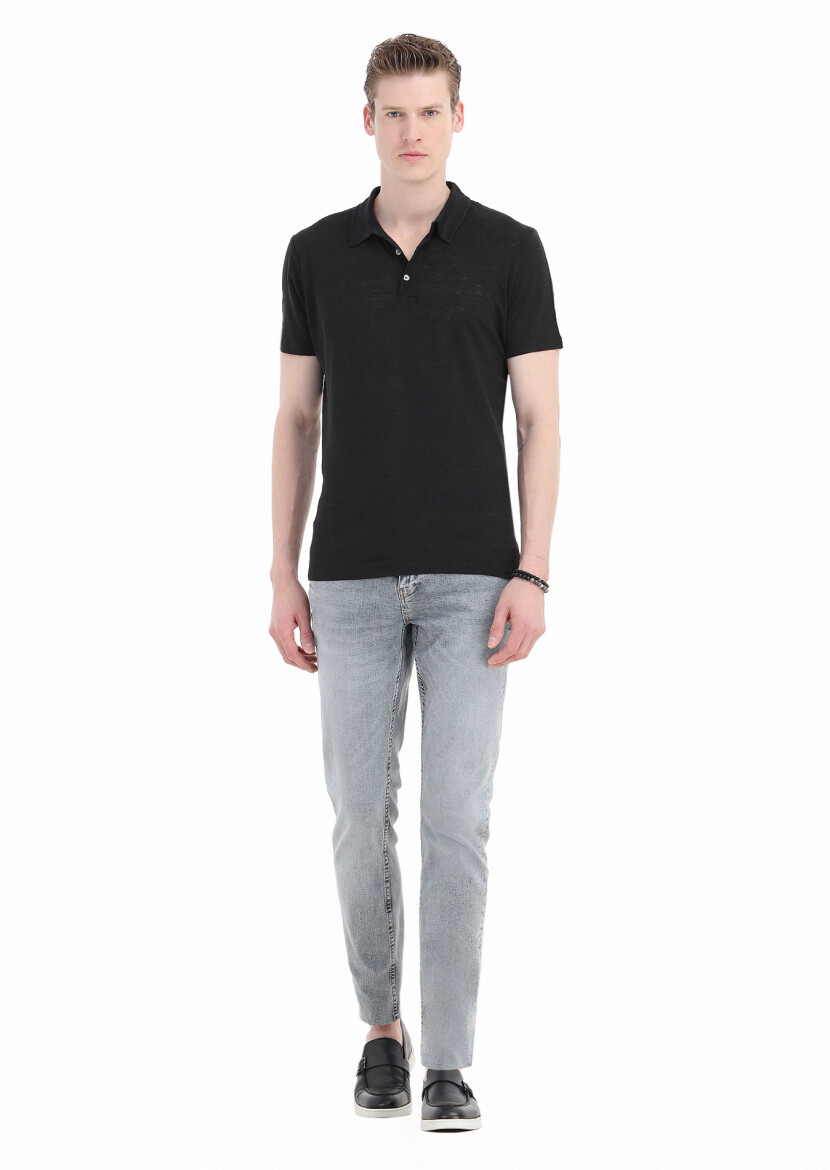 Black Plain Polo Neck 100% Linen T-Shirt 