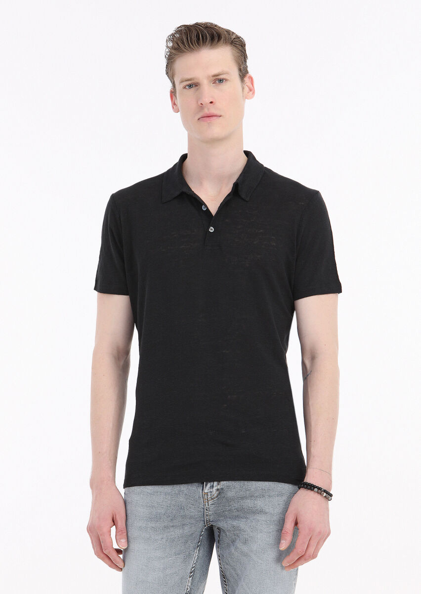 Black Plain Polo Neck 100% Linen T-Shirt - 2