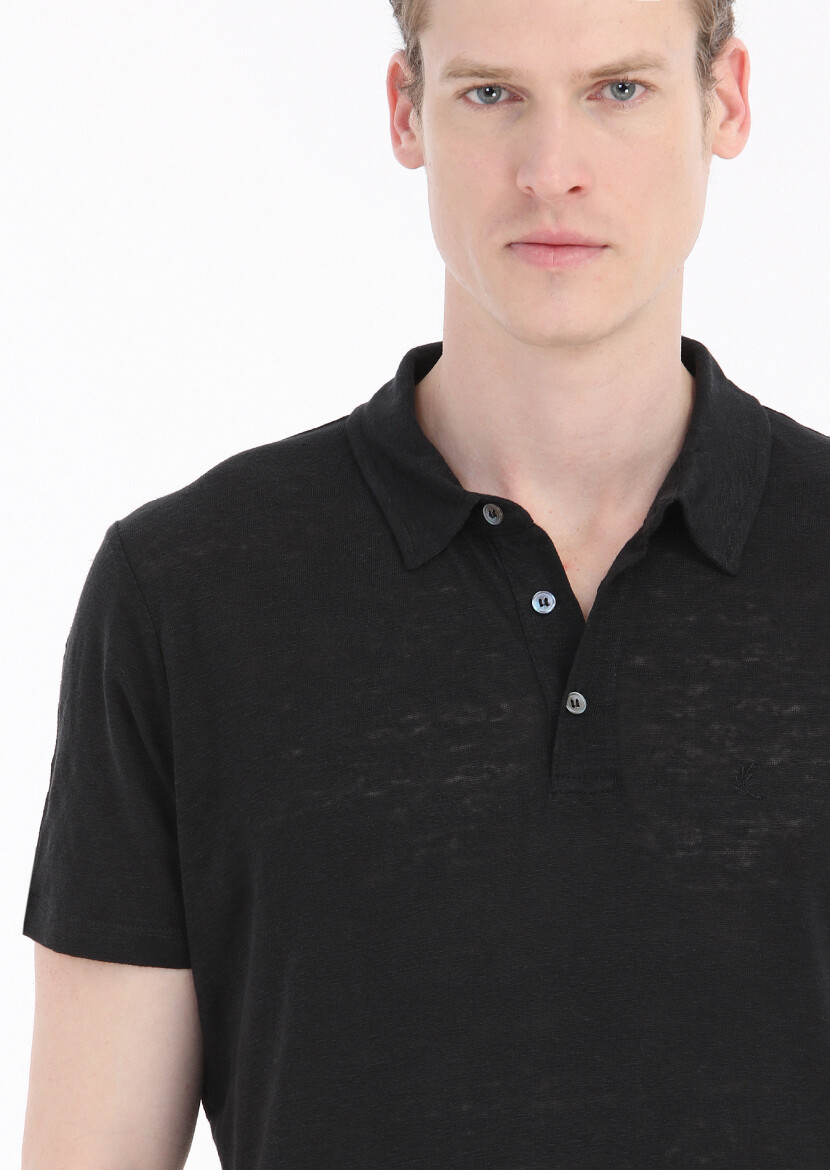 Black Plain Polo Neck 100% Linen T-Shirt - 4