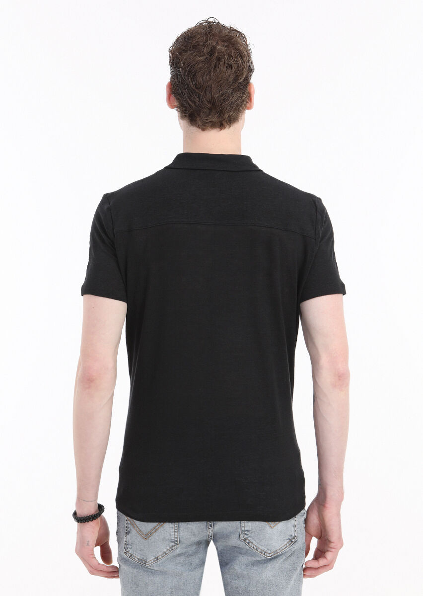 Black Plain Polo Neck 100% Linen T-Shirt - 5