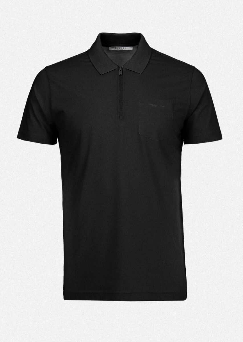 Black Plain Polo Neck Cotton Blended T-Shirt - 1