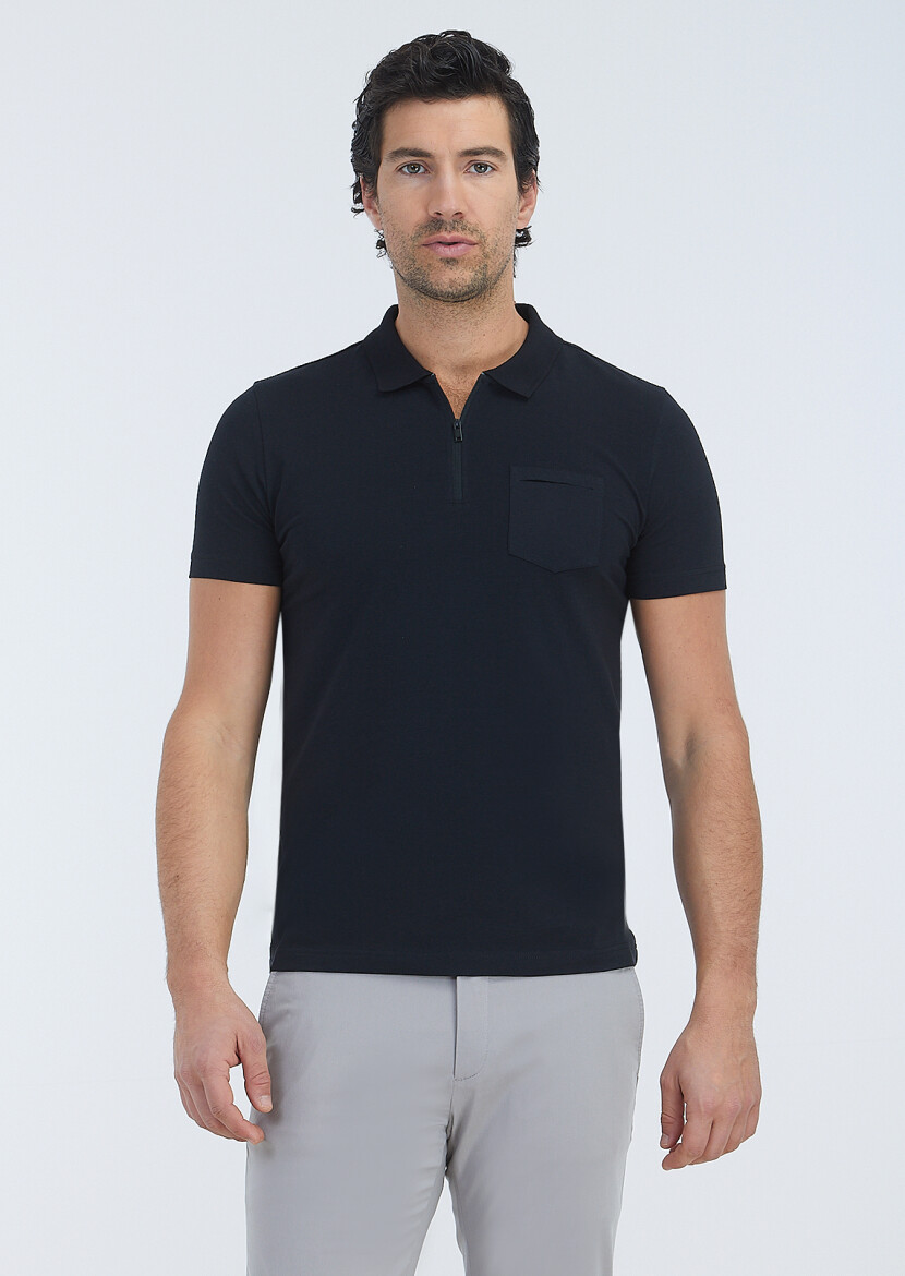 Black Plain Polo Neck Cotton Blended T-Shirt - 2