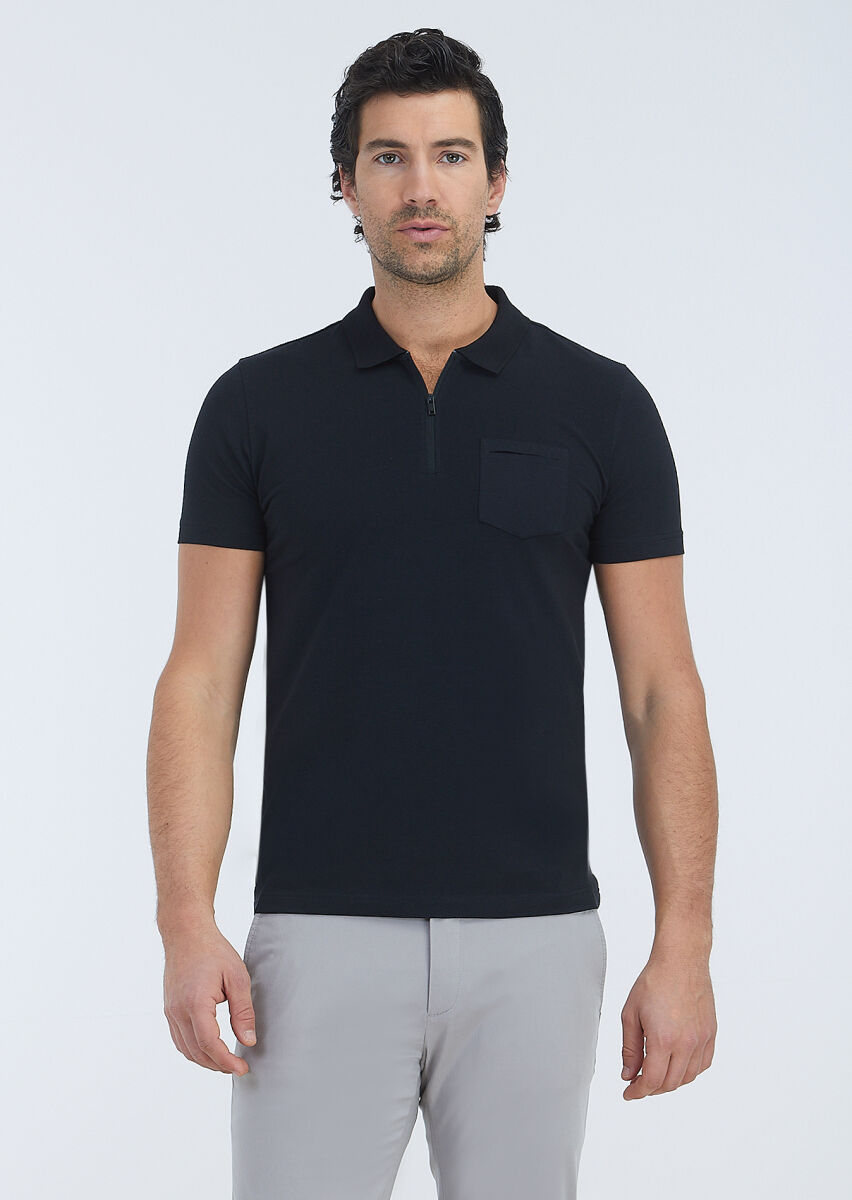 Black Plain Polo Neck Cotton Blended T-Shirt - 2