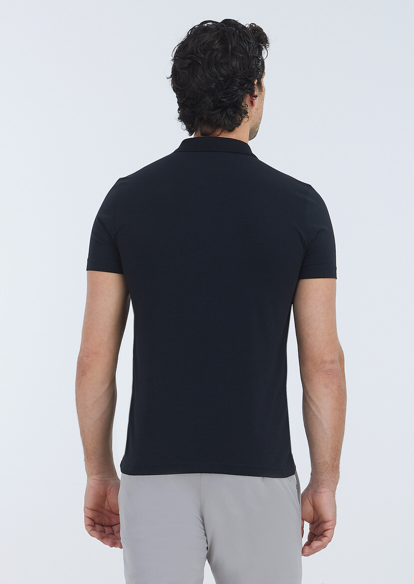 Black Plain Polo Neck Cotton Blended T-Shirt - 4