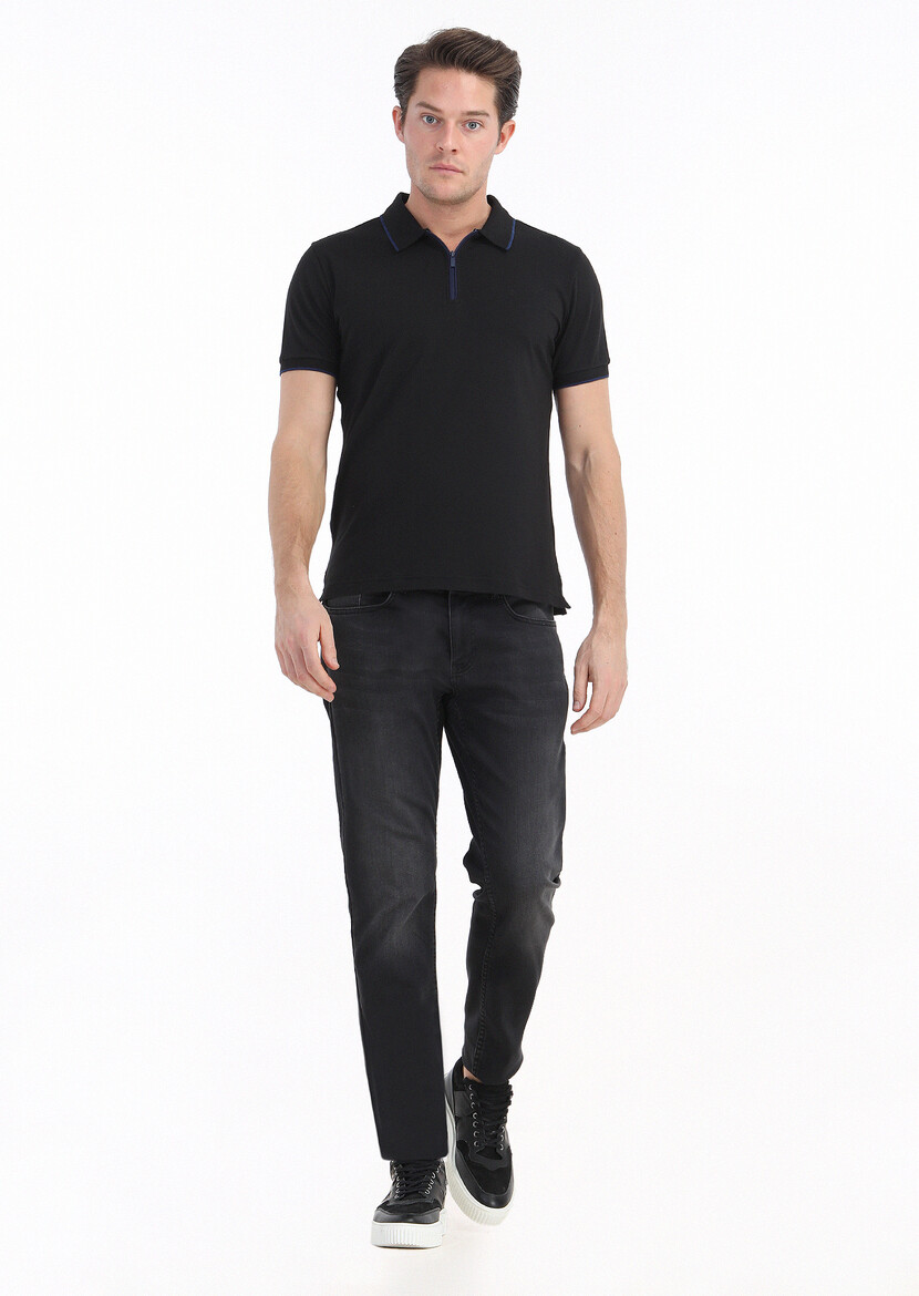 Black Plain Polo Neck Cotton Blended T-Shirt - 1