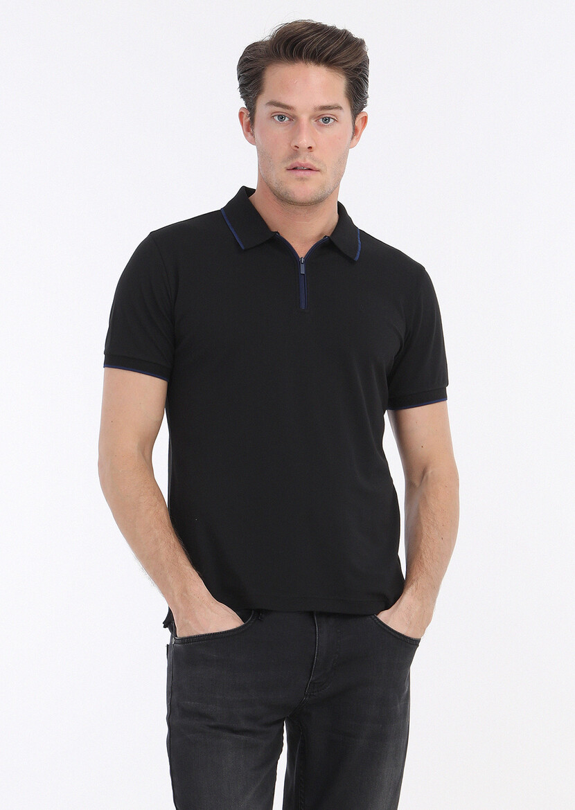 Black Plain Polo Neck Cotton Blended T-Shirt - 2