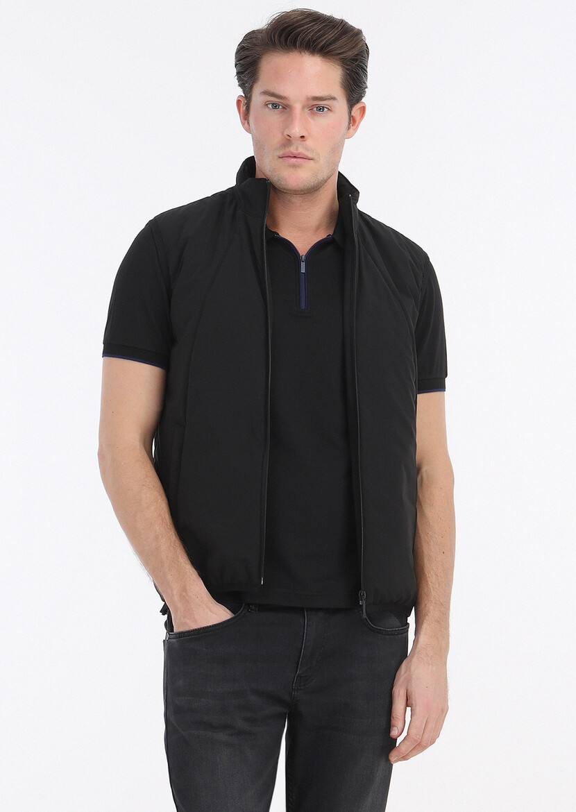 Black Plain Polo Neck Cotton Blended T-Shirt - 3