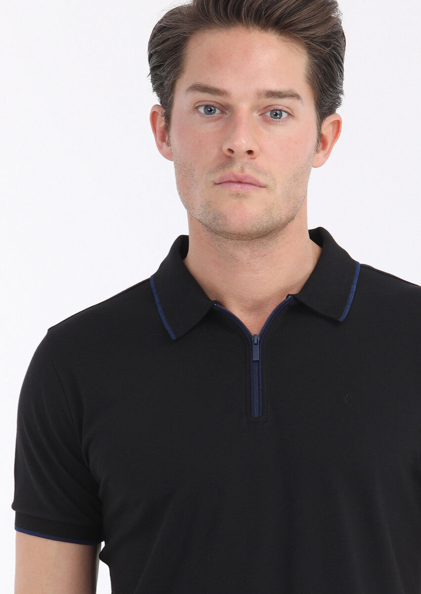 Black Plain Polo Neck Cotton Blended T-Shirt - 4